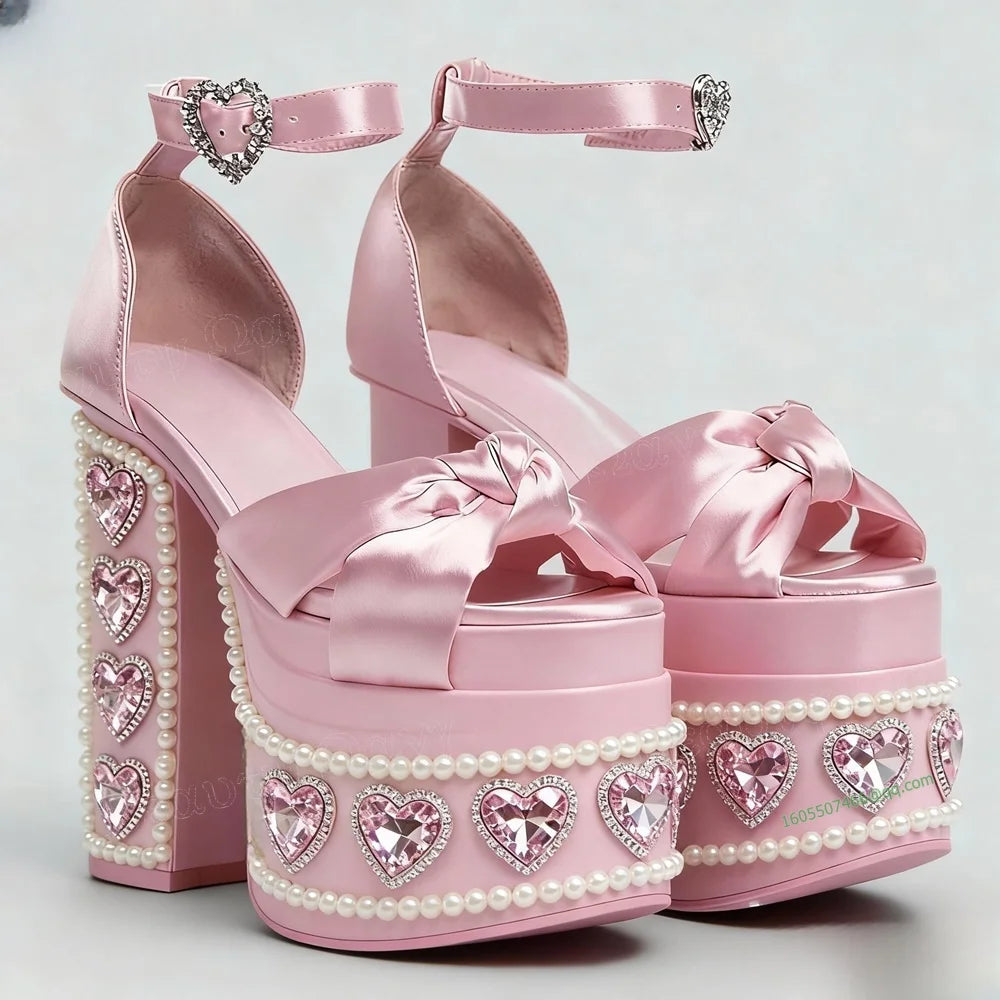 Soft pink Crystal Heart kawaii platform heels with rhinestone crystals, DDLGirl style