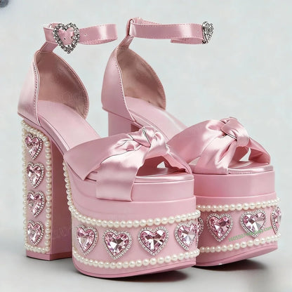 Soft pink Crystal Heart kawaii platform heels with rhinestone crystals, DDLGirl style