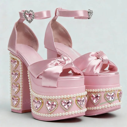 Model wearing Crystal Heart kawaii platform heels, DDLGirl princess style