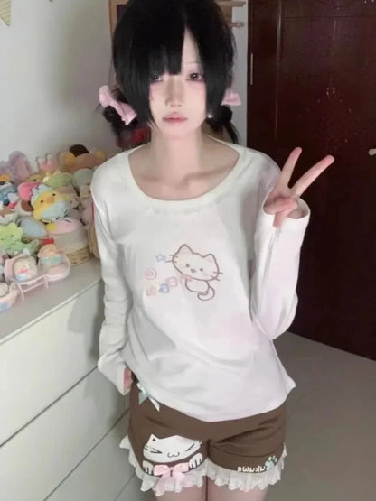 Lavender long sleeve tee featuring cubic kitten embroidery and lace trim for DDLG ABDL soft girl style
