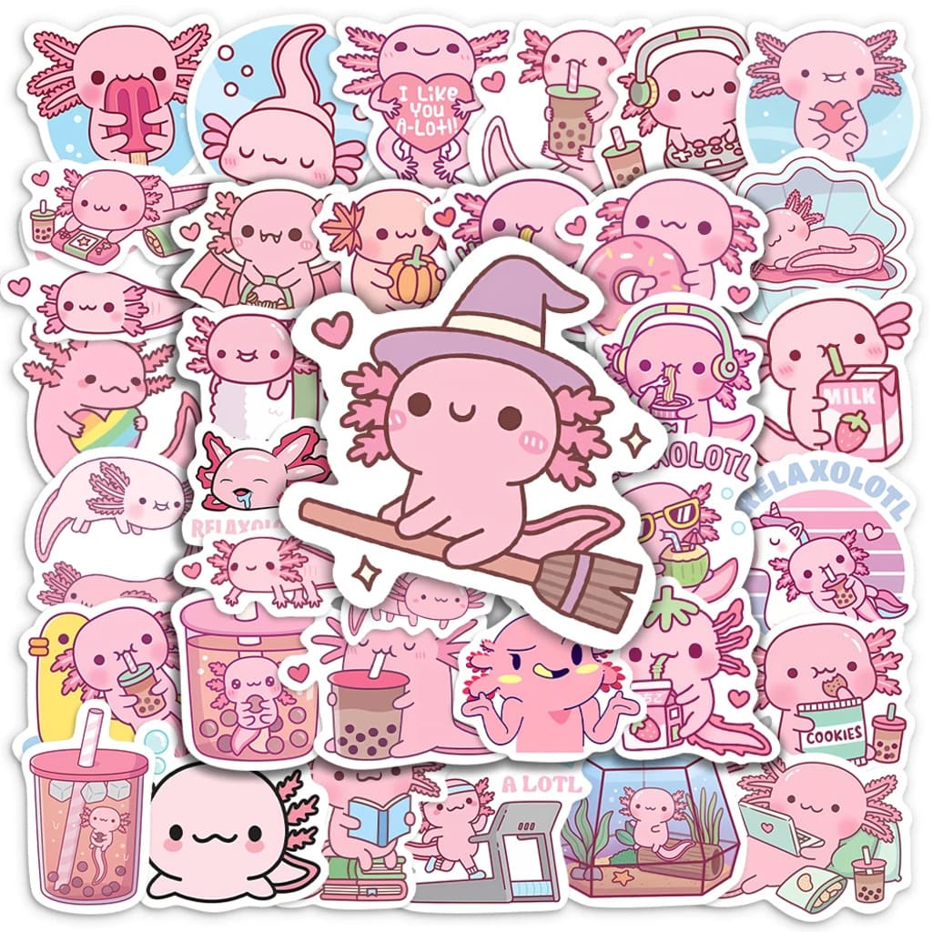Cute axolotl sticker pack made from waterproof vinyl, includes 50 small decals sized 3–6 cm for colorful decorating fun.
