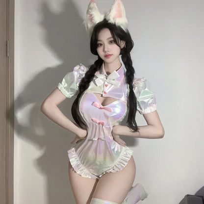 Close-up of cute ribbon and holographic details on Divine Maid Cosplay Set, ideal for sexy kawaii roleplay looks.