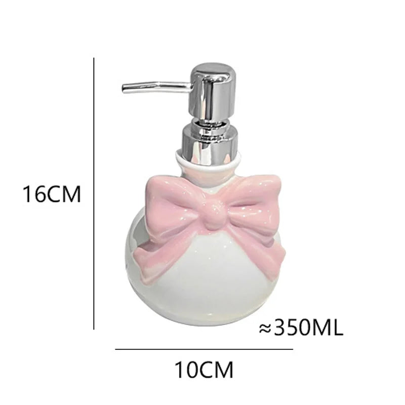 Cute bow-shaped soap dispenser, pastel kawaii bathroom decor, playful cutecore setup