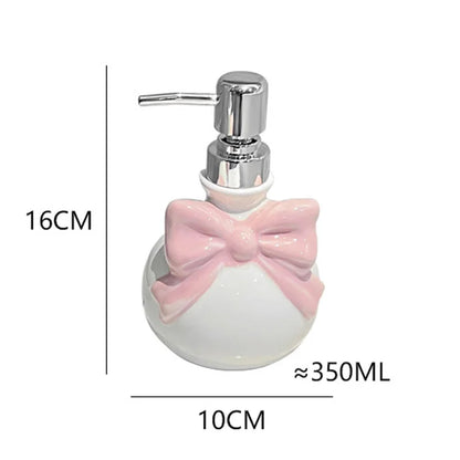 Cute bow-shaped soap dispenser, pastel kawaii bathroom decor, playful cutecore setup