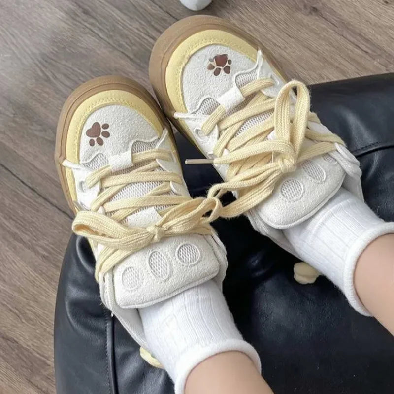 Adorable pastel sneakers with bunny ears and pawprint detail, soft kawaii cutecore footwear for littles and caretakers