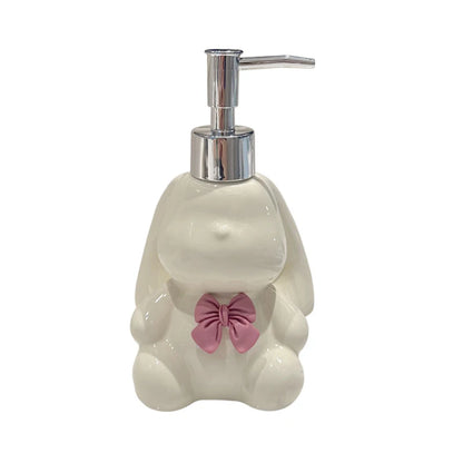 Cute bunny-shaped soap dispenser, soft pastel design, kawaii bathroom and dollcore aesthetic