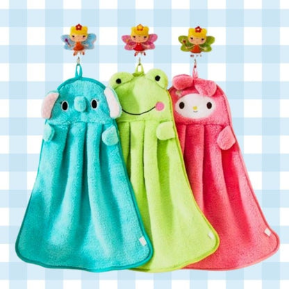 Set of three kawaii cartoon animal hand towels in colorful designs, soft absorbent fabric for ABDL and little-space decor