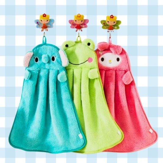 Set of three kawaii cartoon animal hand towels in colorful designs, soft absorbent fabric for ABDL and little-space decor