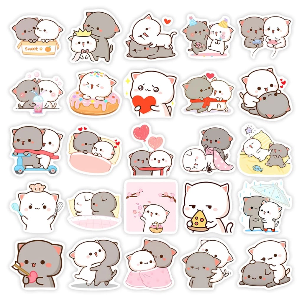 Closeup of kawaii cat couple stickers from the Little Caregiver Pack with cutecore pastel expressions and cuddle scenes