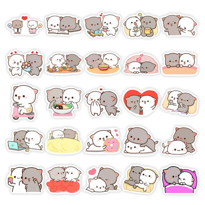 Full sheet of 25 Cute Cat Couple Little Caregiver Stickers showing kawaii DDLG cat couple designs in pastel colors