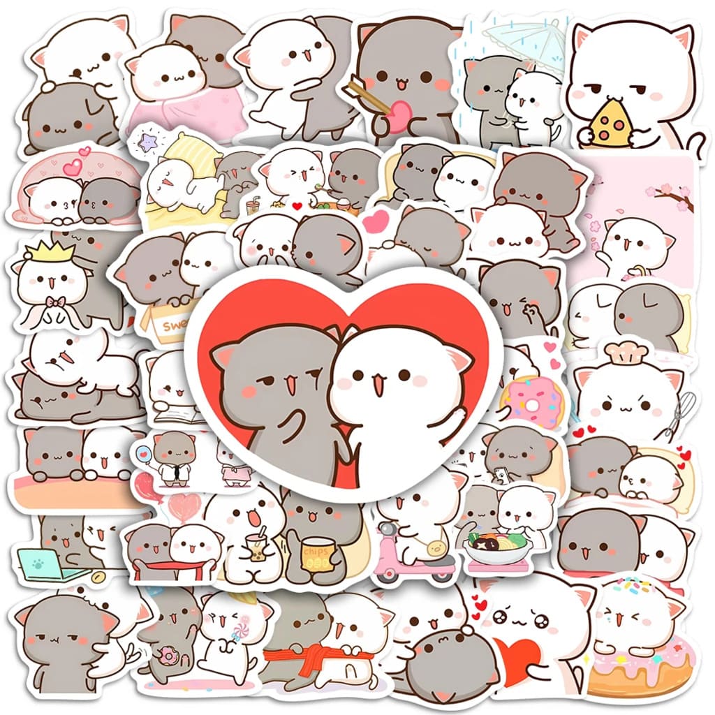 Flat lay of Cute Cat Couple Sticker Pack with stickers spread out showing all 25 kawaii DDLG little caregiver designs