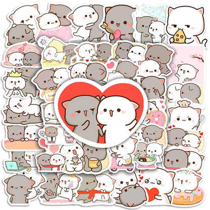 Flat lay of Cute Cat Couple Sticker Pack with stickers spread out showing all 25 kawaii DDLG little caregiver designs