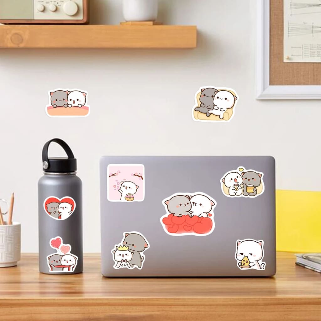 Cute Cat Couple Little Caregiver Stickers on a pastel water bottle showing waterproof kawaii cutecore DDLG style
