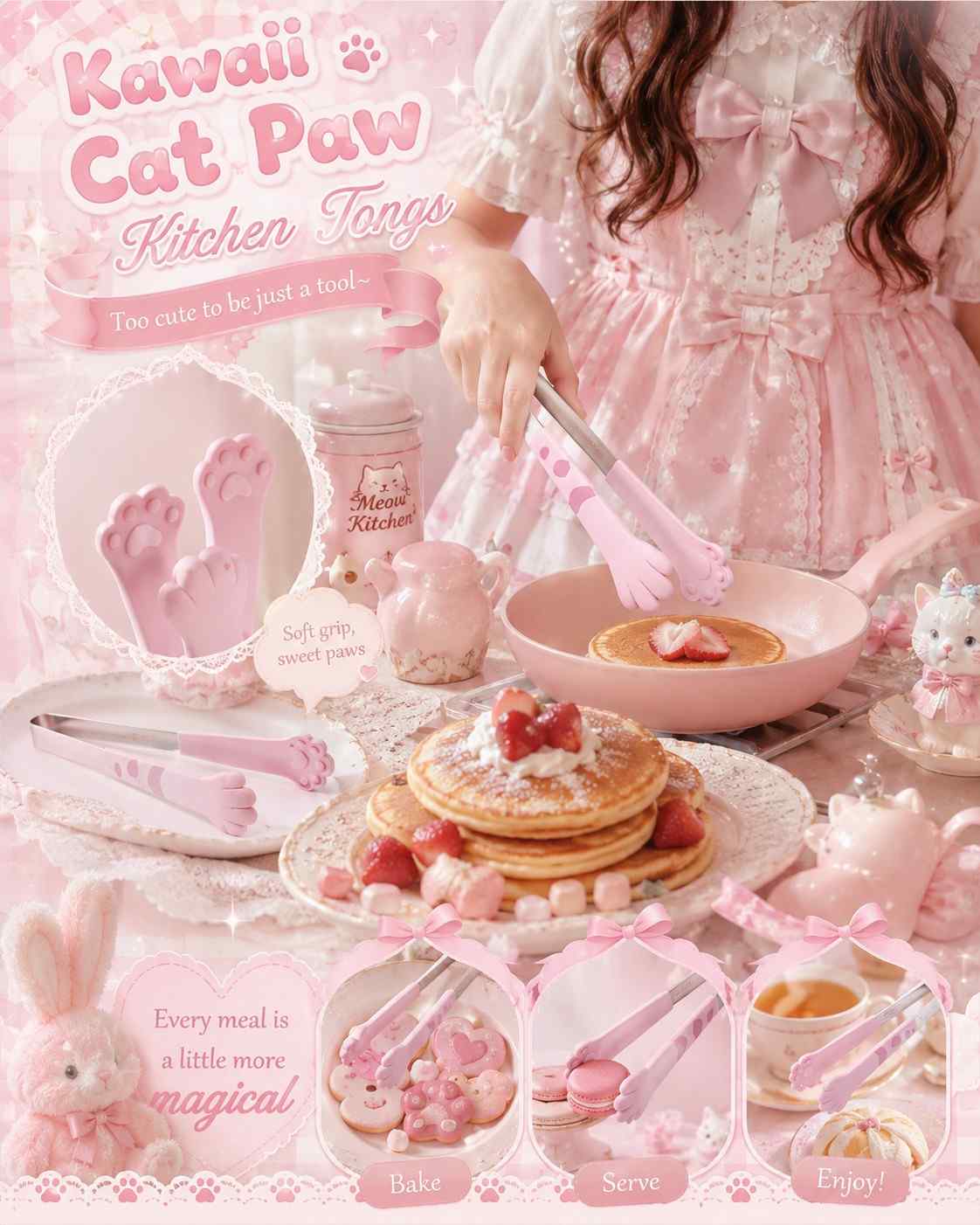 Cute cat paw serving tongs with soft silicone handle, adorable kawaii kitchen accessory for everyday use