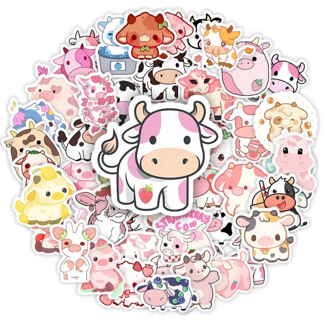 Cute cow and milk kawaii stickers pack, waterproof vinyl decals for journaling and decorating laptops