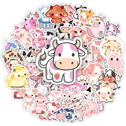 Cute cow and milk kawaii stickers pack, waterproof vinyl decals for journaling and decorating laptops