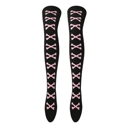 Black and light pink crossed bones stockings, soft, playful, and kawaii DDLG/ABDL friendly.