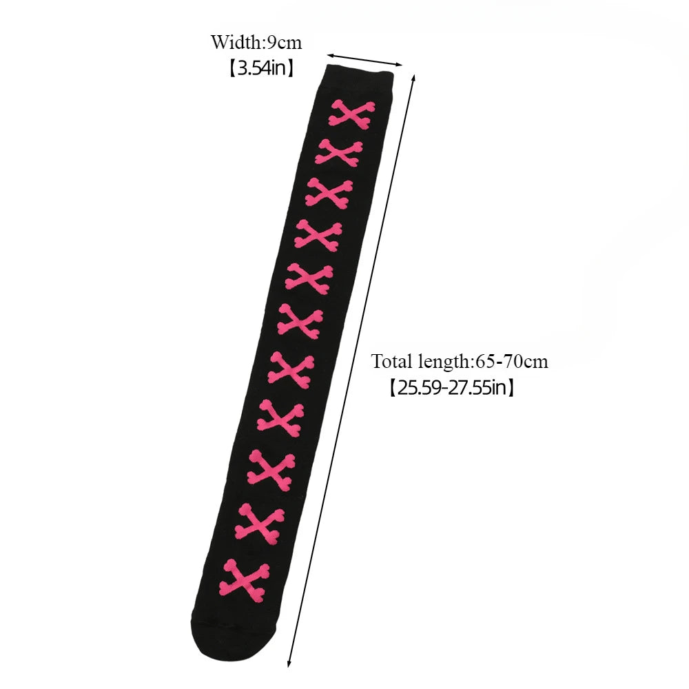 Black and pink crossed bones stockings, stretchy and comfy for kawaii DDLG/ABDL style.