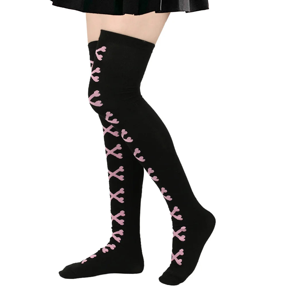 Black and pink crossed bones stockings, soft and stretchy for cute DDLG/ABDL fashion.