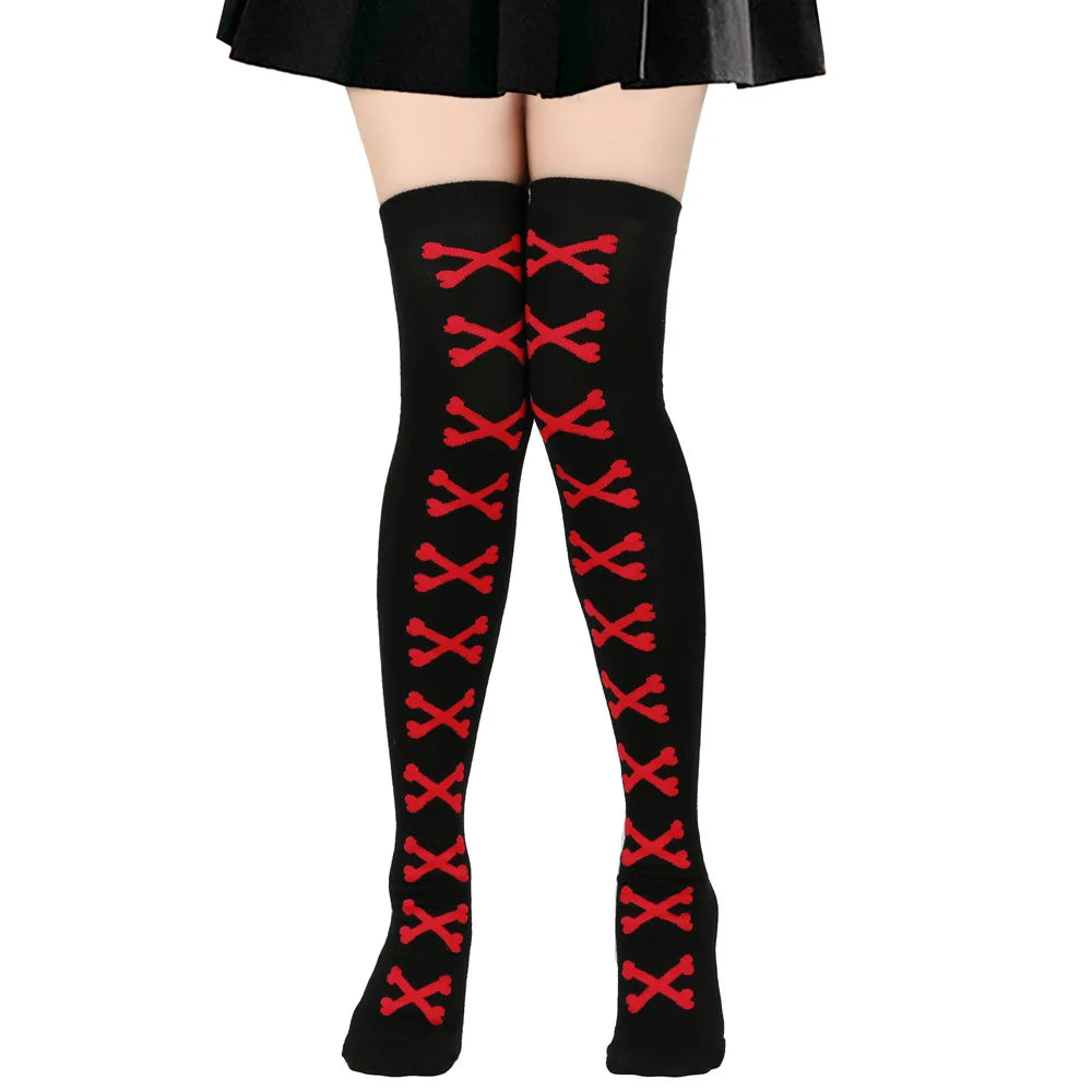 Black and red crossed bones stockings, playful and comfy for kawaii DDLG/ABDL outfits.
