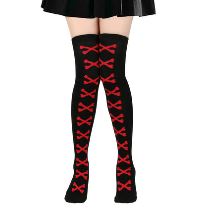 Black and red crossed bones stockings, playful and comfy for kawaii DDLG/ABDL outfits.