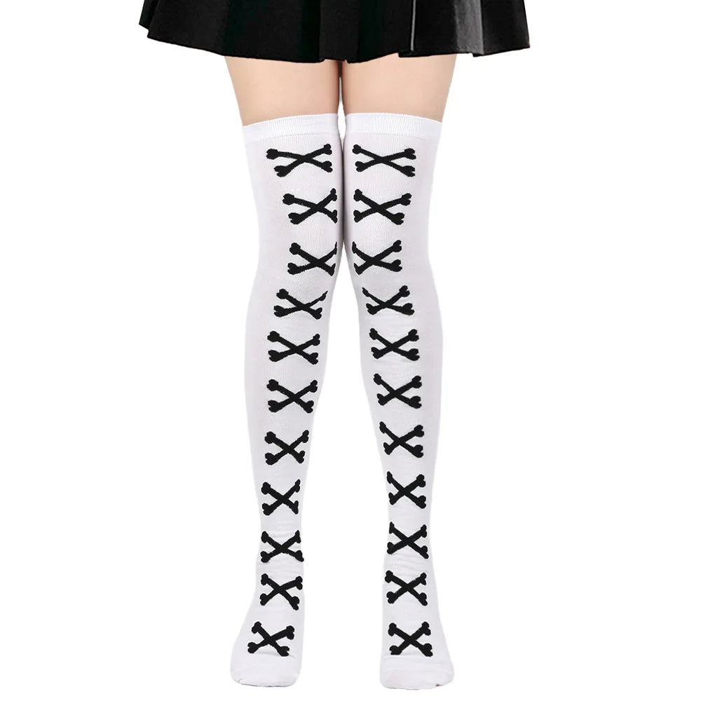 White and black crossed bones stockings, soft and edgy for kawaii DDLG/ABDL fashion.