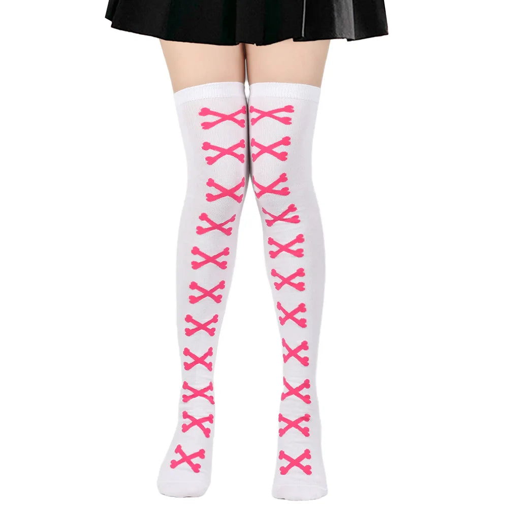 White and dark pink crossed bones stockings, playful and comfy for DDLG/ABDL outfits.