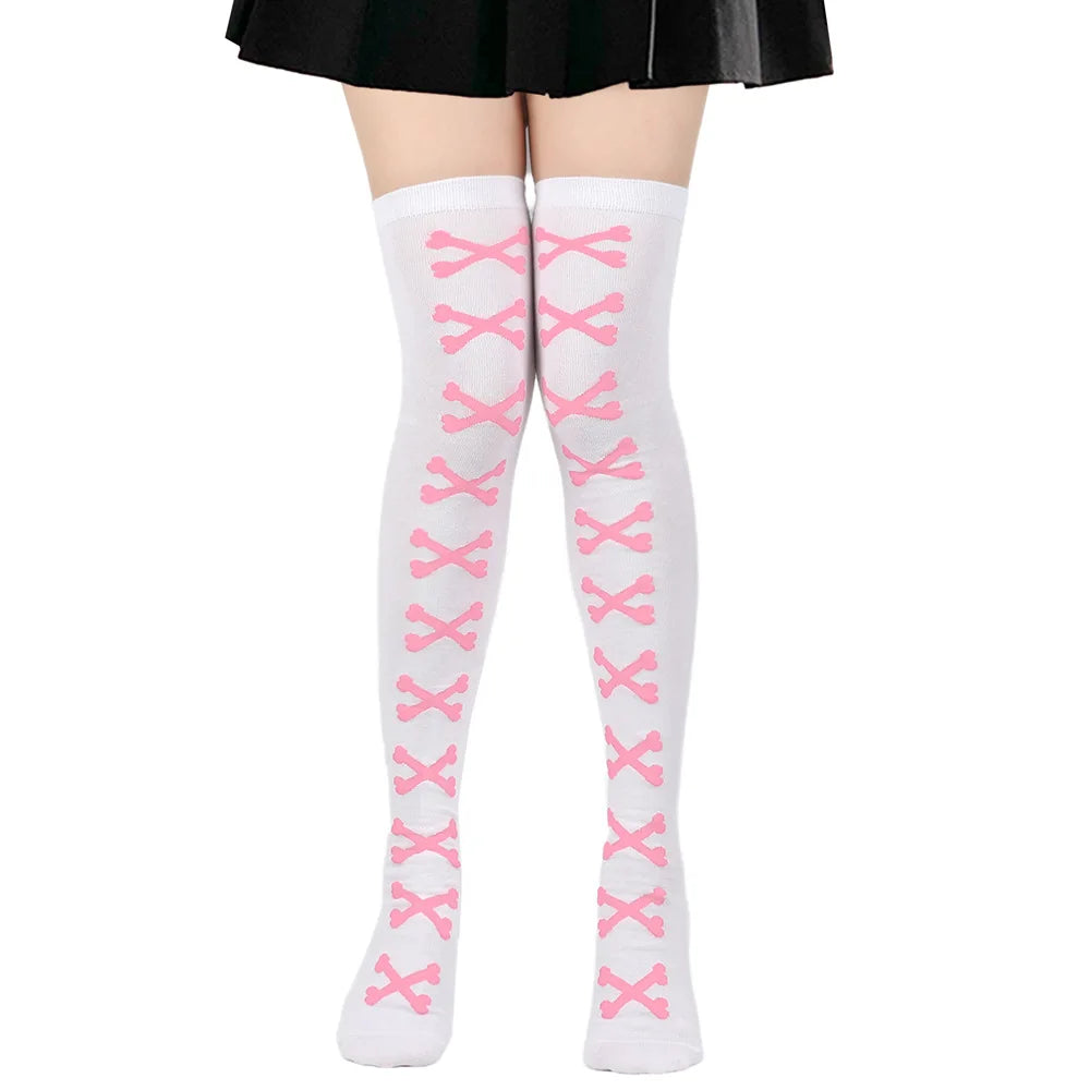 White and pink crossed bones stockings, cozy, fun, and perfect for kawaii DDLG/ABDL style.