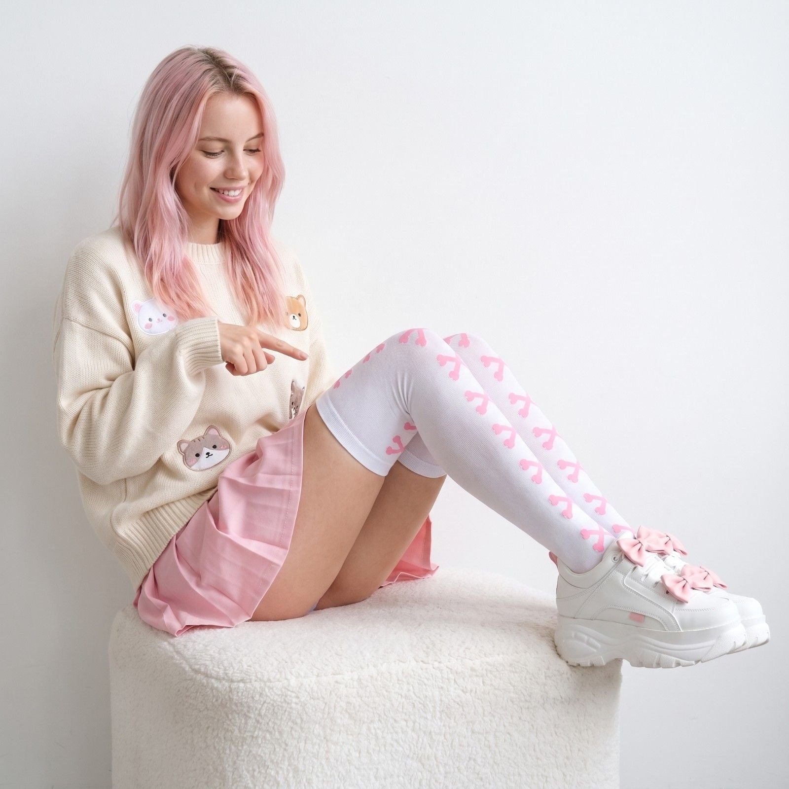 White and pink crossed bones stockings, cozy, fun, and perfect for kawaii DDLG/ABDL