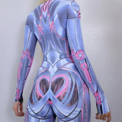 Bold futuristic jumpsuit in blue and pink for kawaii, sexy insta-ready looks