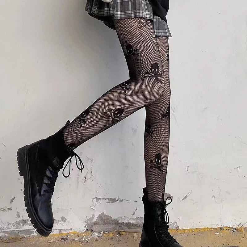 cute goth skull fishnets with delicate net pattern, statement legwear