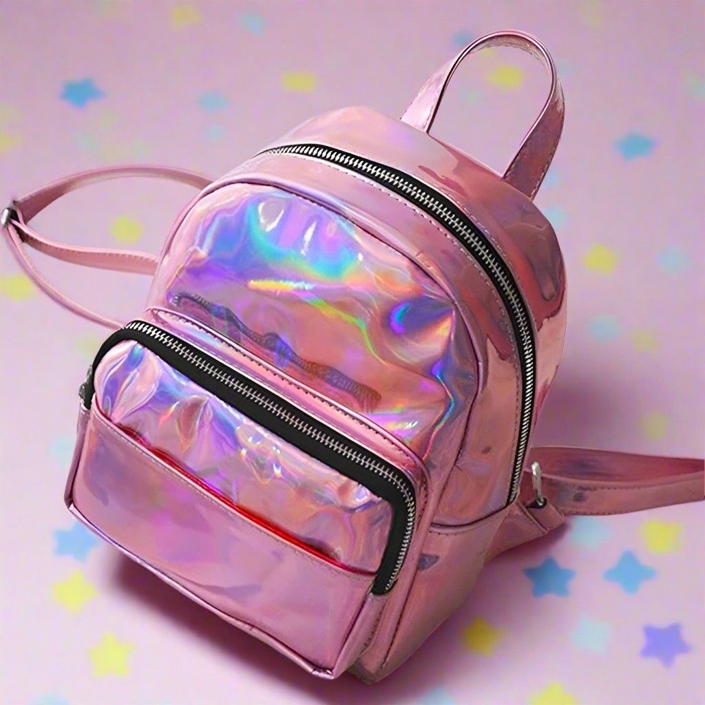 Cute Little Holographic Backpack in pink and silver — kawaii soft baddie ddlg accessory with mini compact design for cutecore looks