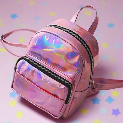 Cute Little Holographic Backpack in pink and silver — kawaii soft baddie ddlg accessory with mini compact design for cutecore looks