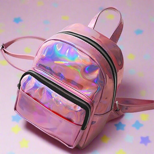Cute Little Holographic Backpack in pink and silver — kawaii soft baddie ddlg accessory with mini compact design for cutecore looks