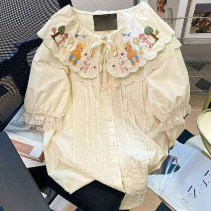 Cute kawaii lolita top with teddy bear print and soft fabric for everyday pastel fashion