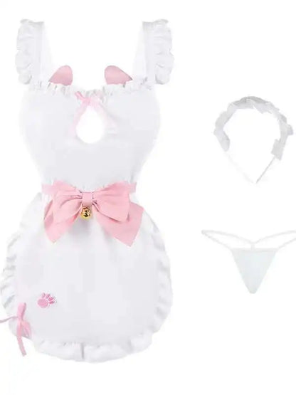 Cute neko maid apron set with bell, paw print, and pink accents for DDLG kawaii cutecore play
