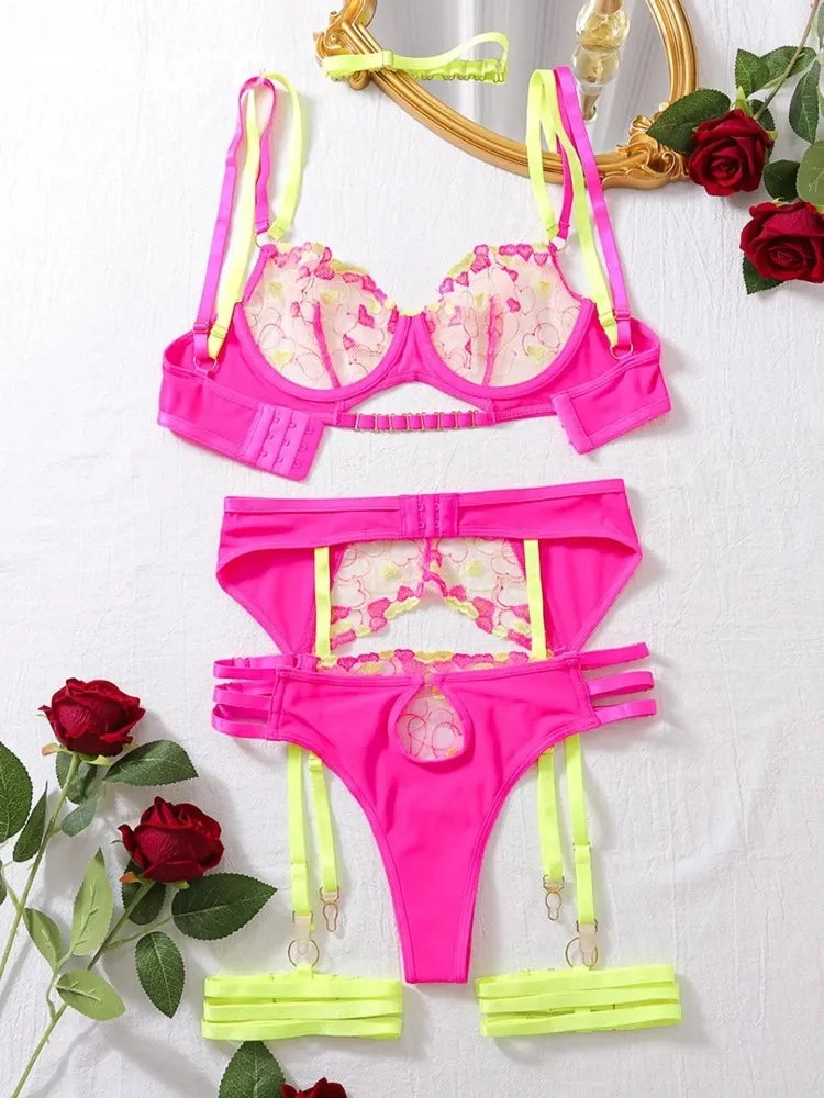 Cute lingerie set with neon pink and green mesh hearts, kawaii cutecore sexy lingerie.