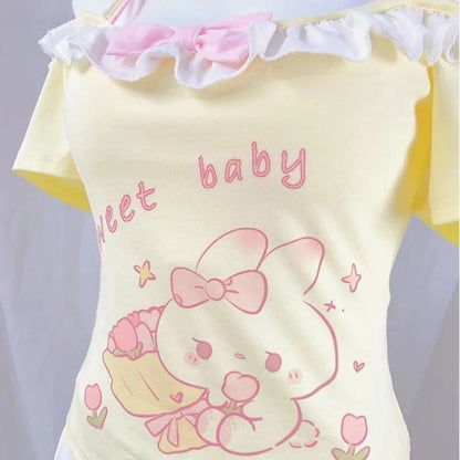Cute kawaii off-shoulder top with soft fabric and playful feminine flair