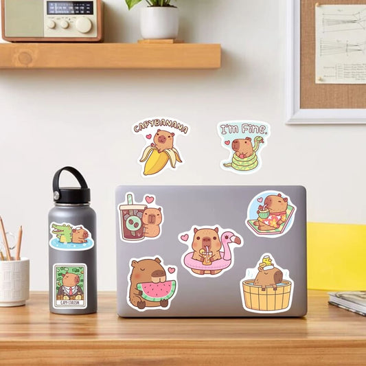 Cute pastel capybara decal pack with glossy finish, perfect for laptop decor and soft little space vibes.
