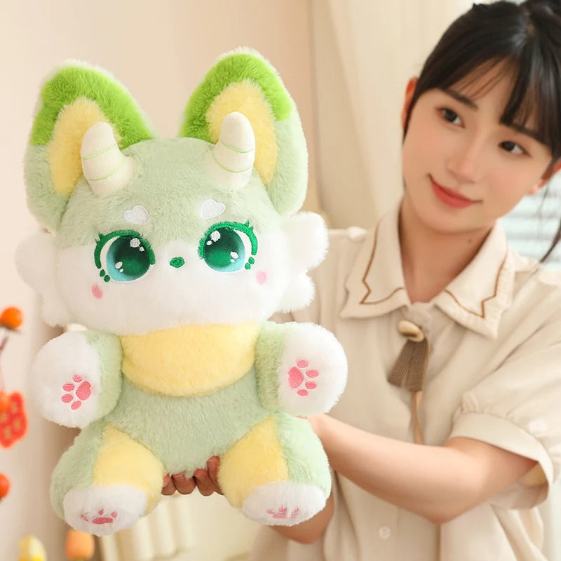 Cute pastel dragon plush toy with fantasy kawaii aesthetic and soft cuddly cutecore vibes