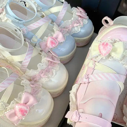 Cute pastel strawberry-themed platform heels with heart buckles and lace for kawaii, ABDL, and soft girl aesthetics