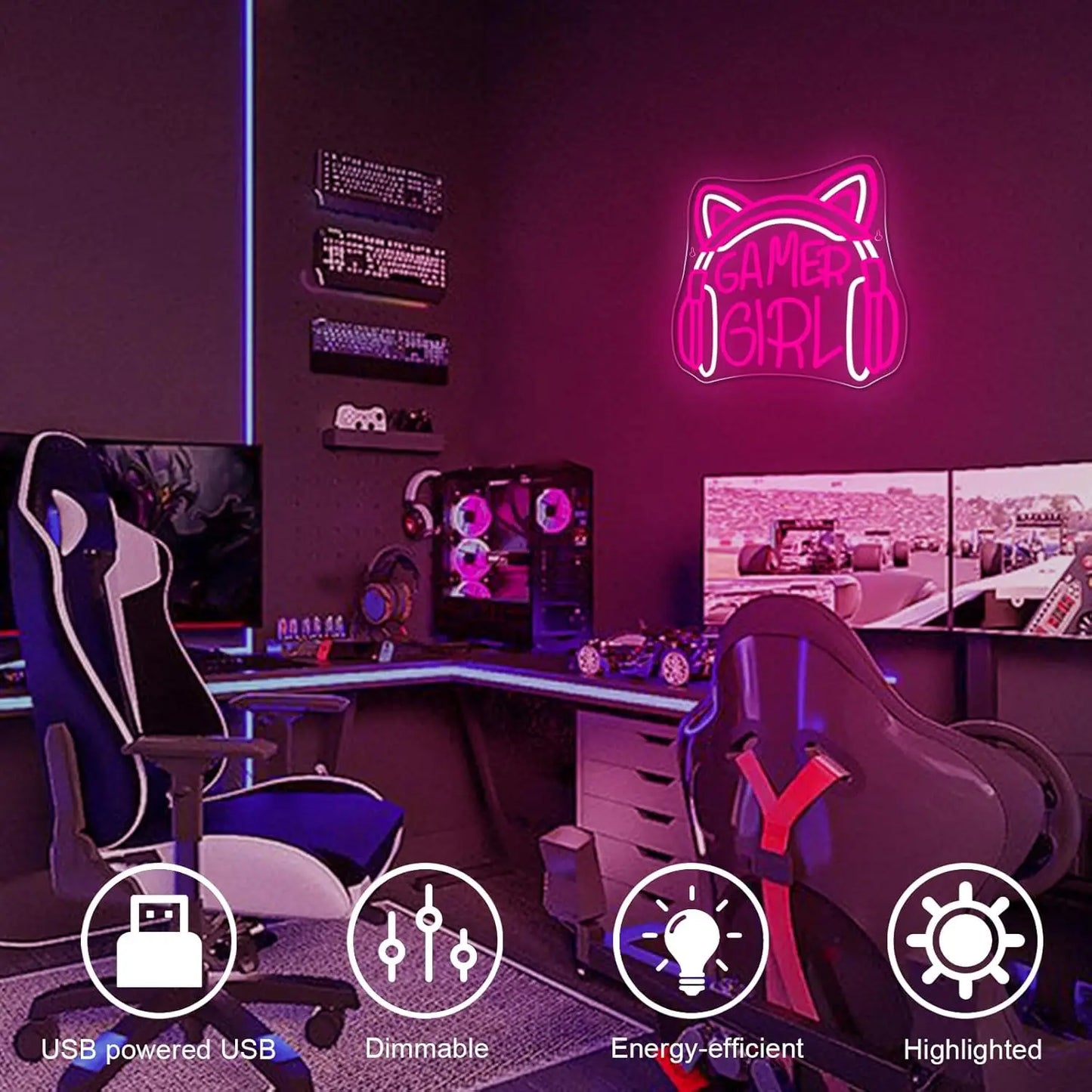cute pink neon light gamer girl sign perfect for DDLG ABDL soft girl gaming setup