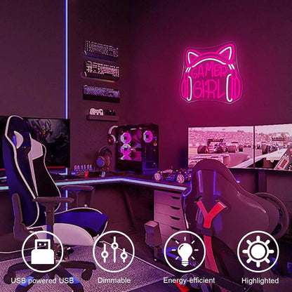 cute pink neon light gamer girl sign perfect for DDLG ABDL soft girl gaming setup