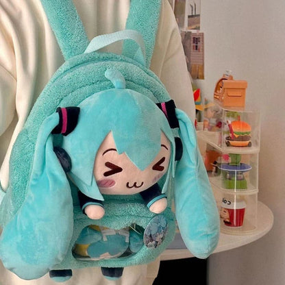 Soft kawaii plush backpack featuring ":3" expression, adjustable straps, and roomy interior for fun and function.