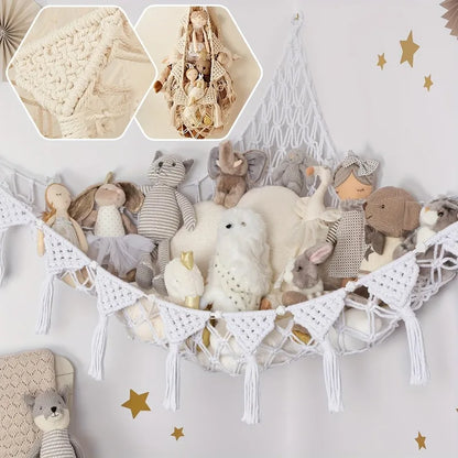 close-up of cute plushie storage hammock showing durable mesh and adjustable straps for toys and dolls