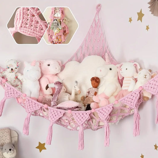 front view of cute plushie storage hammock with hanging mesh for dolls, stuffed animals, and kawaii bedroom decor