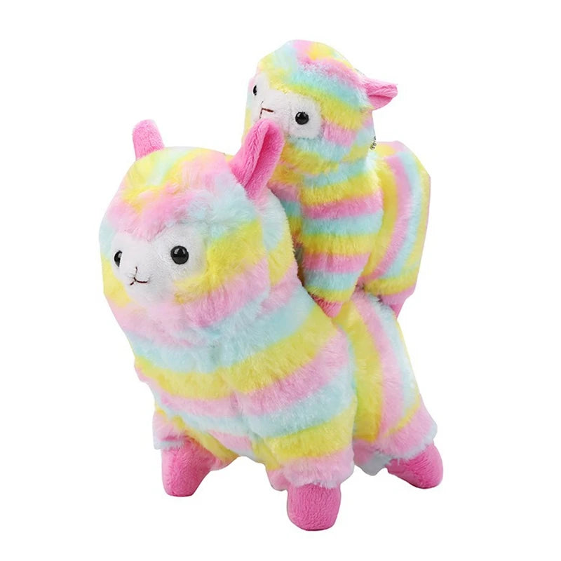Soft pastel rainbow alpaca keychain plush, cuddly mini bag charm for kawaii lovers and colorful accessories.