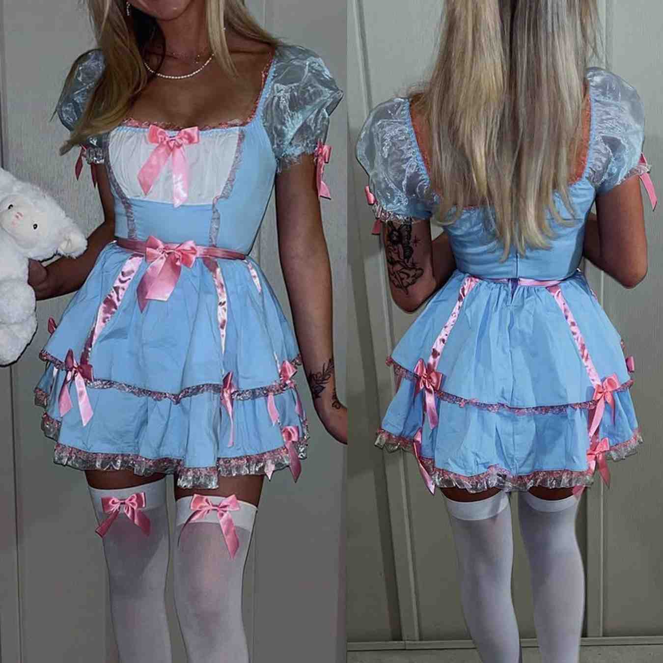 Cutecore Blue Babydoll Princess Mini Dress, playful frilled hem and ribbon accents for DDLG ABDL fashion