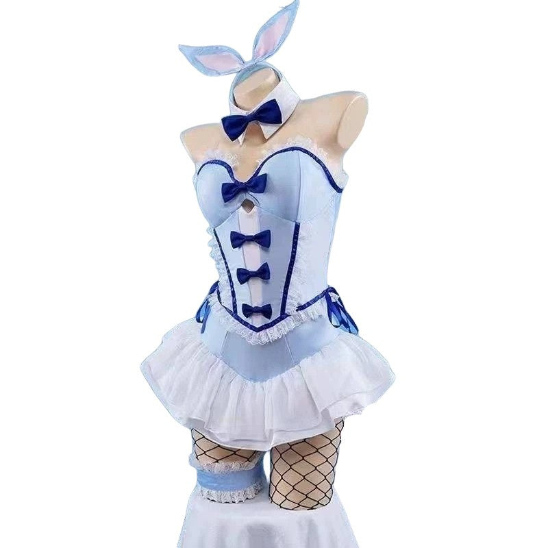 Soft girl cosplay bodysuit in blueberry shades with laces, ruffles, and kawaii details, perfect for DDLG & ABDL lovers