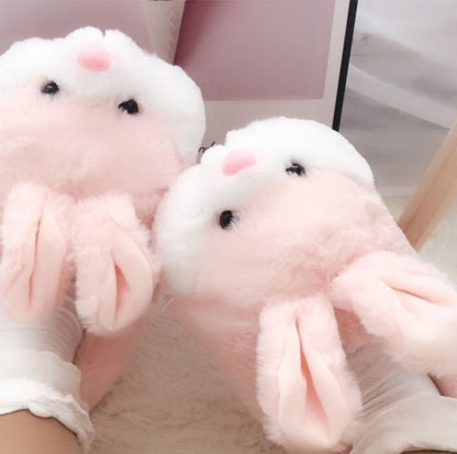 Cutecore bunny slippers with fluffy ears and chubby paws, soft pastel plush design for comfy lounging and naps